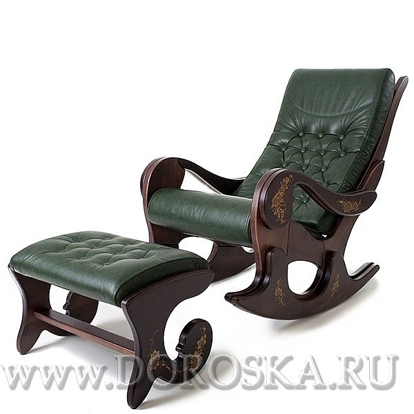 Кресло-качалка с банкеткой из тёмно-зелёной кожи